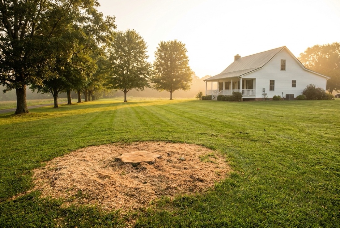 The same rural yard after Elledge's cleared the storm-fallen tree and ground the stump flush