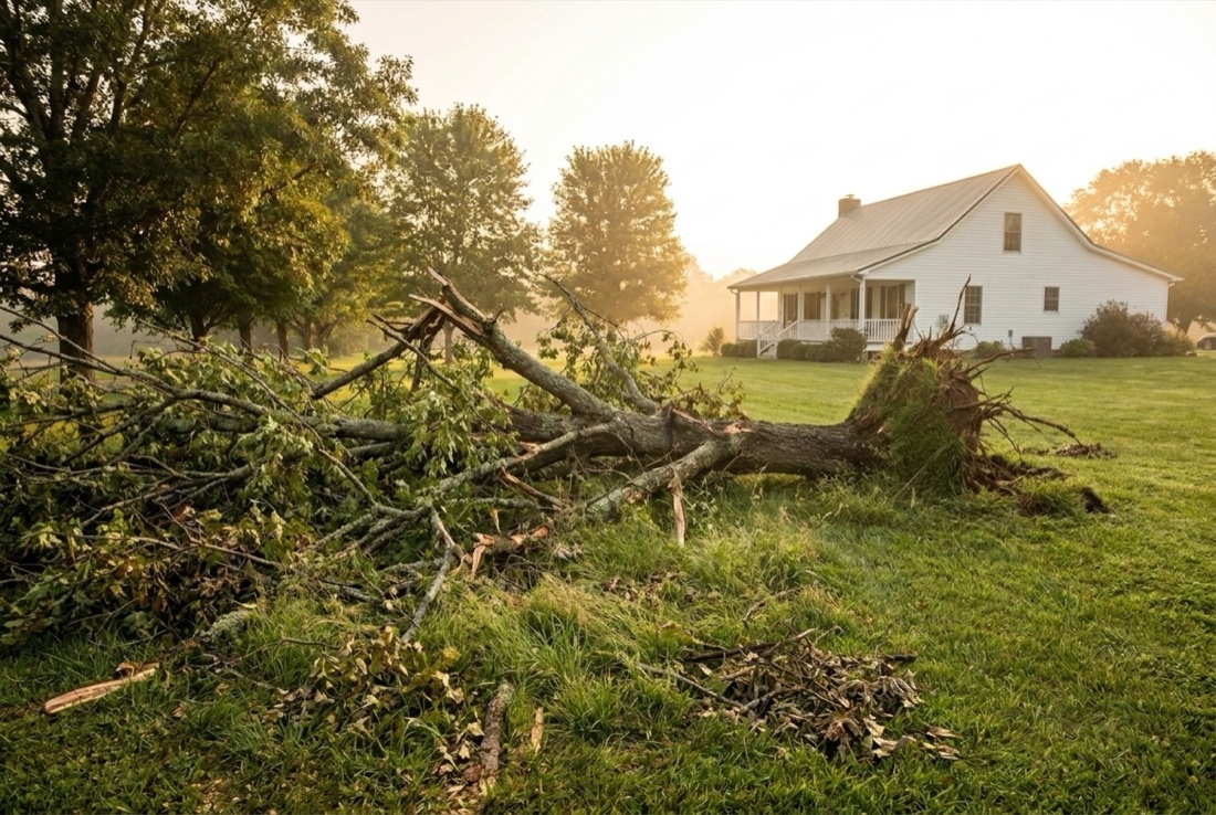 A large storm-fallen tree sprawled across a rural yard before cleanup