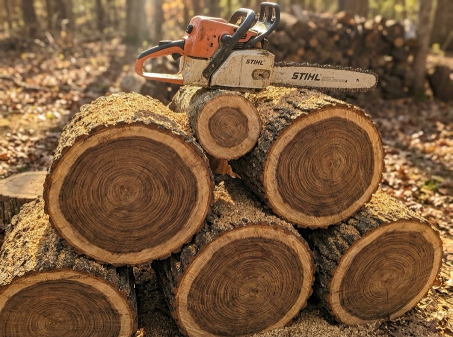 Freshly cut log rounds stacked with a chainsaw resting on top